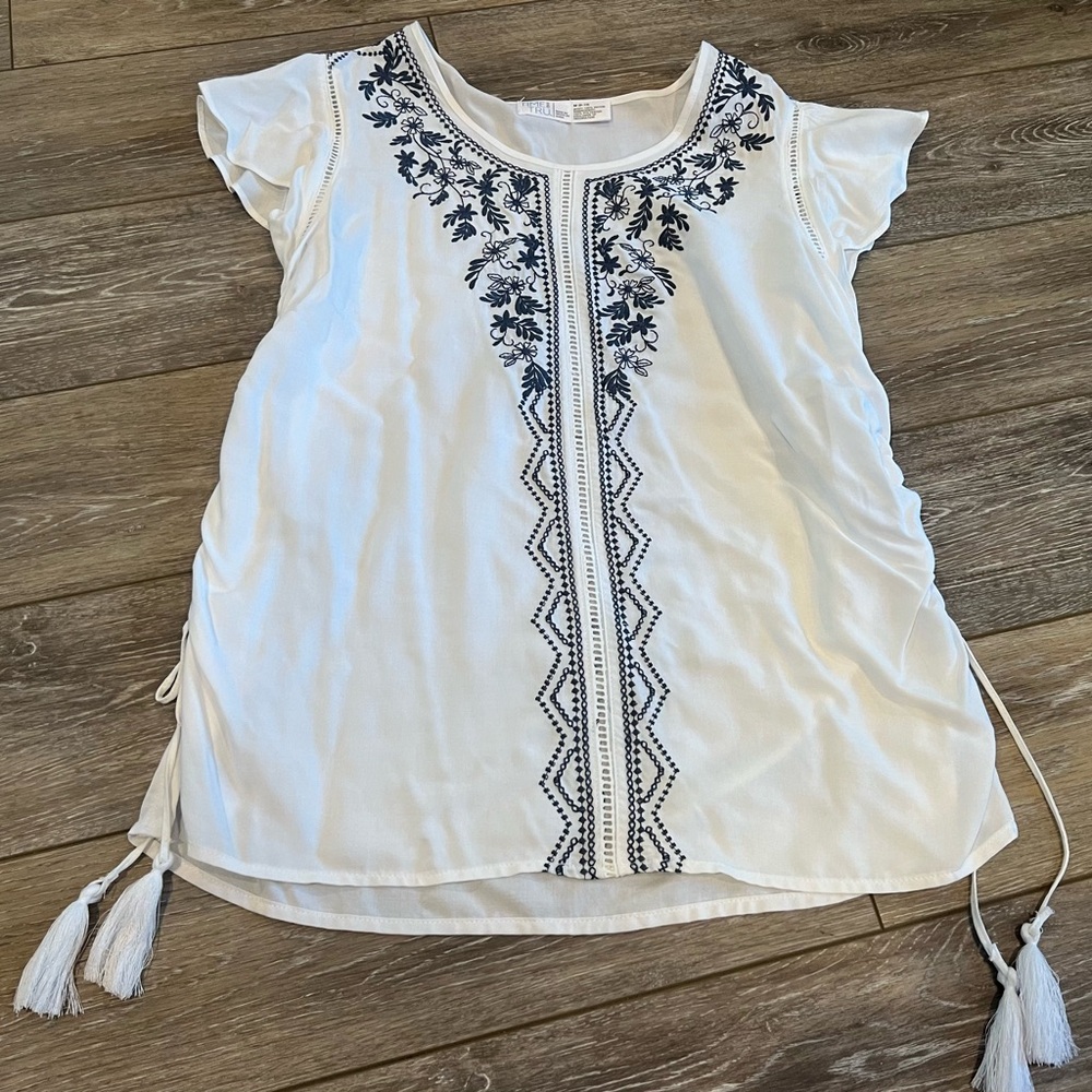 White Ruffle Scrunch Side Tie Tank Blouse Top Embroidered